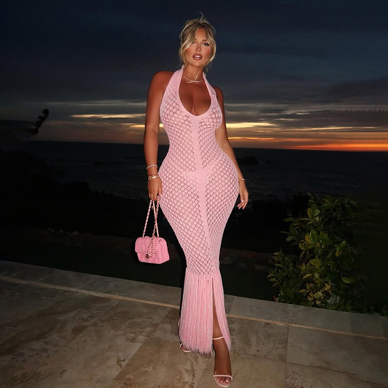 Summer New Cross Border Source New European and American Women's Sexy Solid Color Sheer Mesh Knitted Beach Skirt