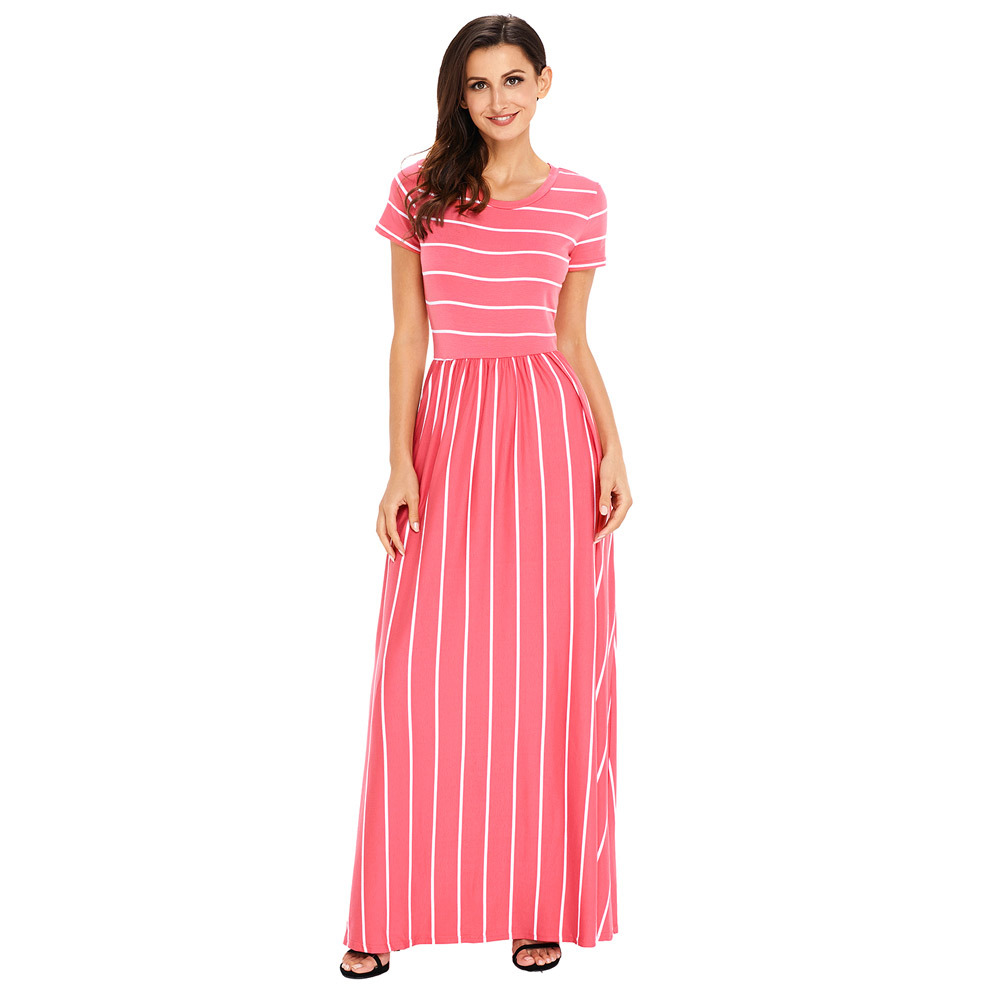 Bohemian Maxi Dress Short Sleeve Round Neck Striped Knit Casual Summer Wear Wholesale Available
