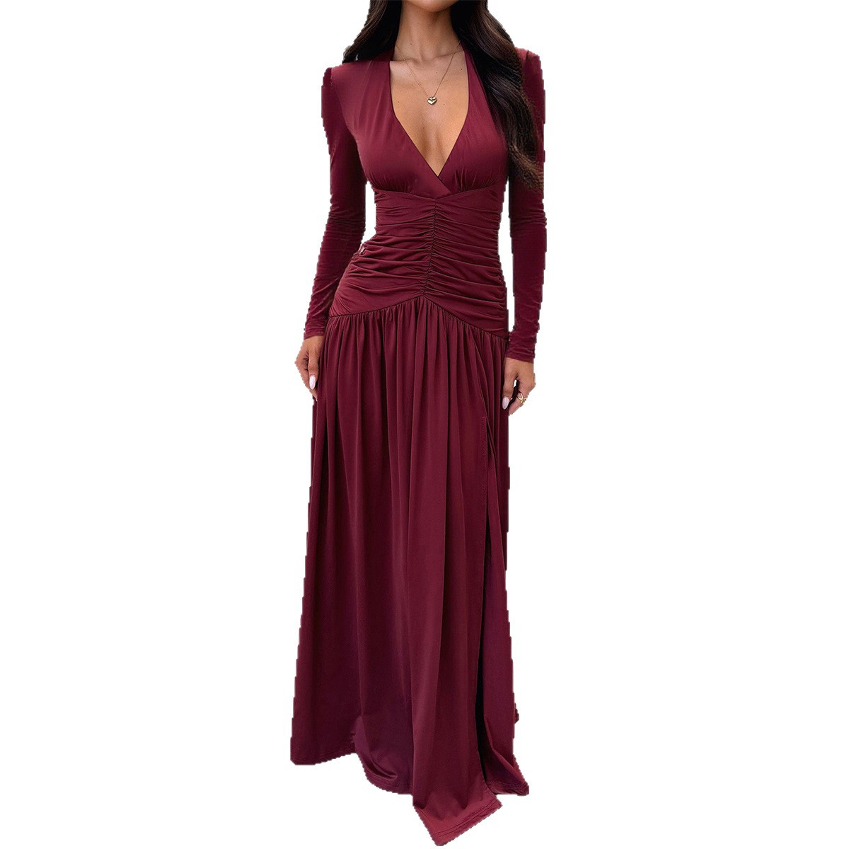 Elegant Deep V Neck Long Sleeve Long Dress for Women Autumn Winter