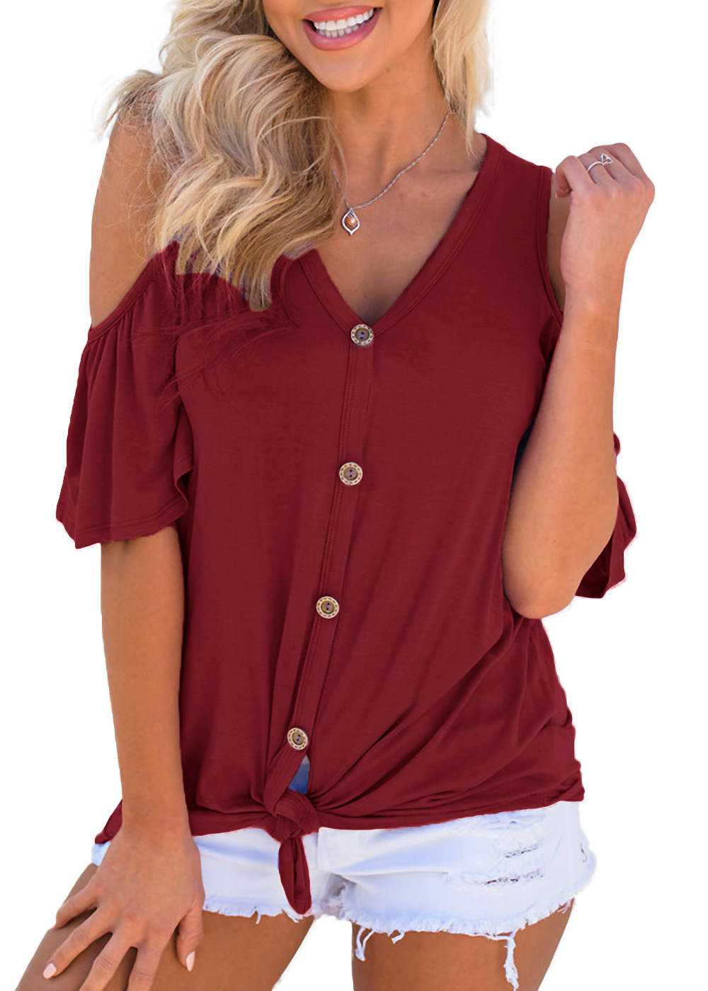 Womens Off Shoulder V Neck Button Knot Ruffle Short Sleeve T Shirt Casual Chic Style Available for Wholesale