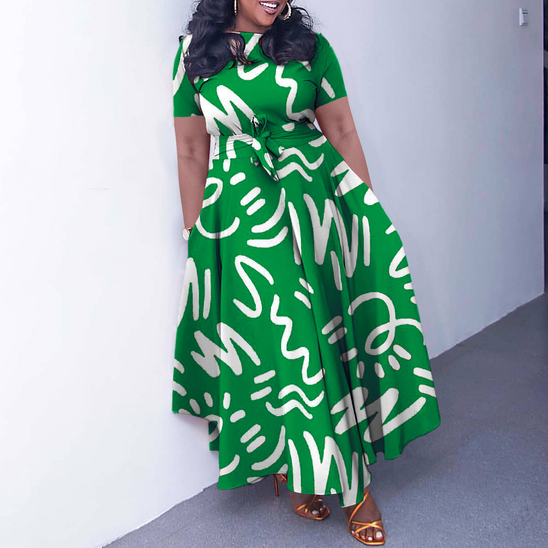 Fashionable Women's Short Sleeve Dress with African Print, Elegant Tie Design, Flared Hem, Ideal for Cross Border Trade