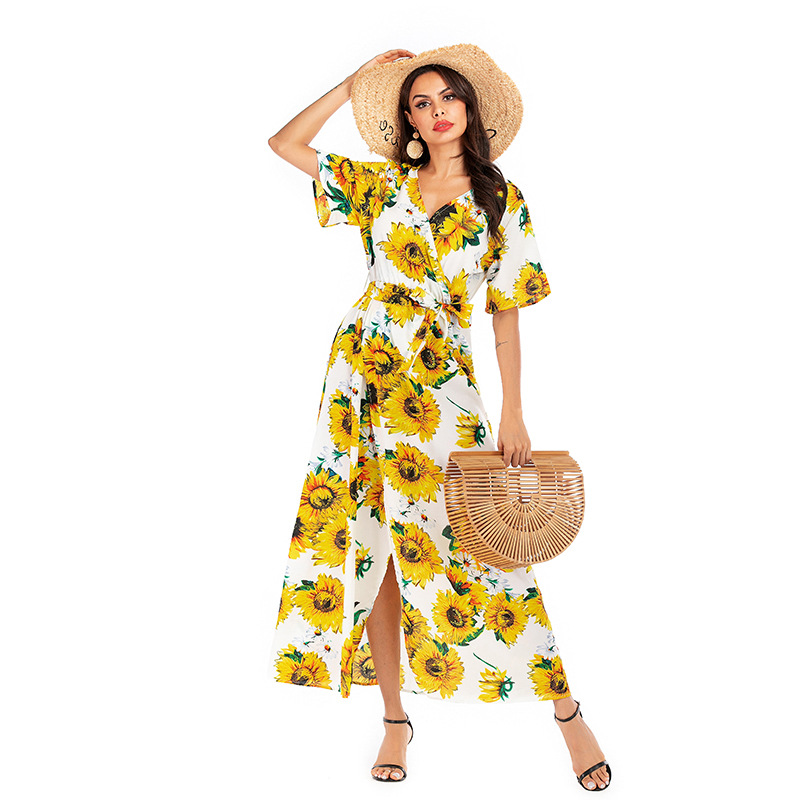 Floral Chiffon Dress V Neck Short Sleeve High Slit A Line Casual Beachwear Wholesale Available