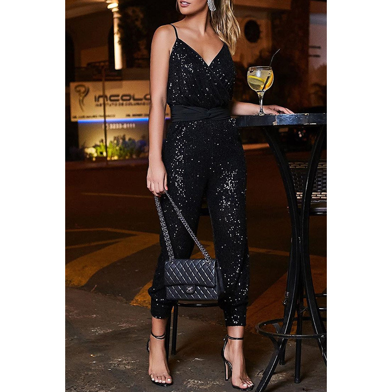 V Neck Sequin Jumpsuit Slim Fit Backless Casual Style Perfect for Parties and Events Wholesale Available