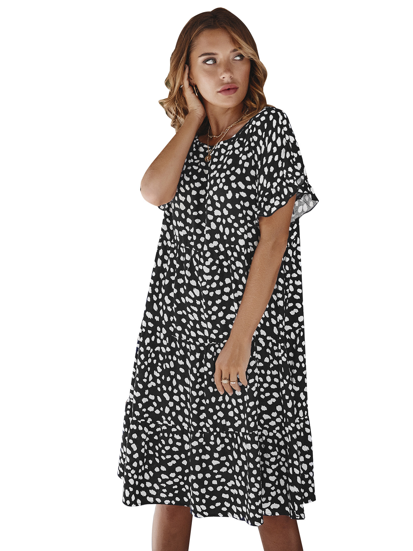 Designer Spring Dress Ruffle Sleeve Polka Dot Elegant Fit Perfect for Casual Outings Wholesale Available