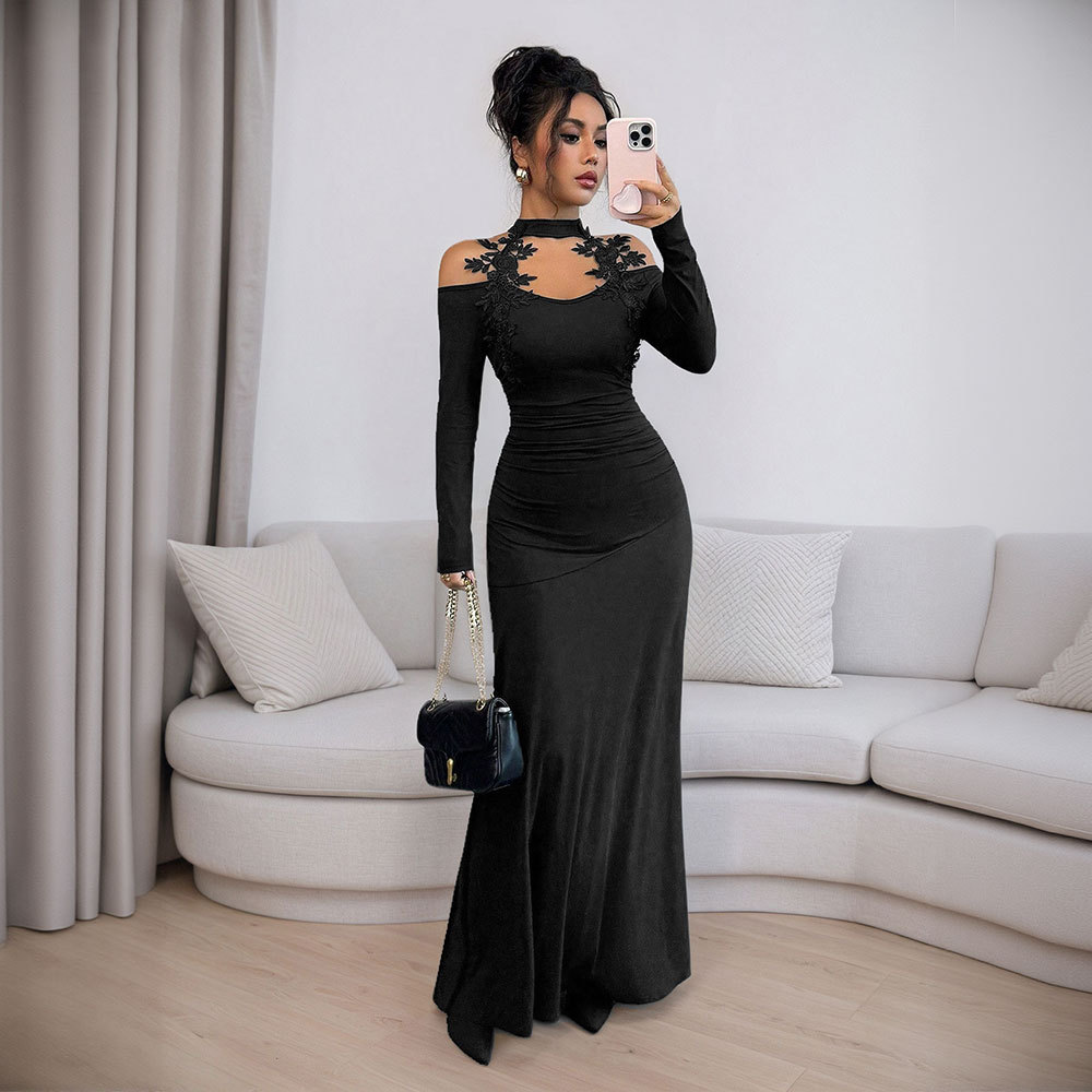 Black Lace Bodycon Dress Long Sleeve Slim Fit Elegant Design Autumn Winter Fashion for Parties Wholesale Available