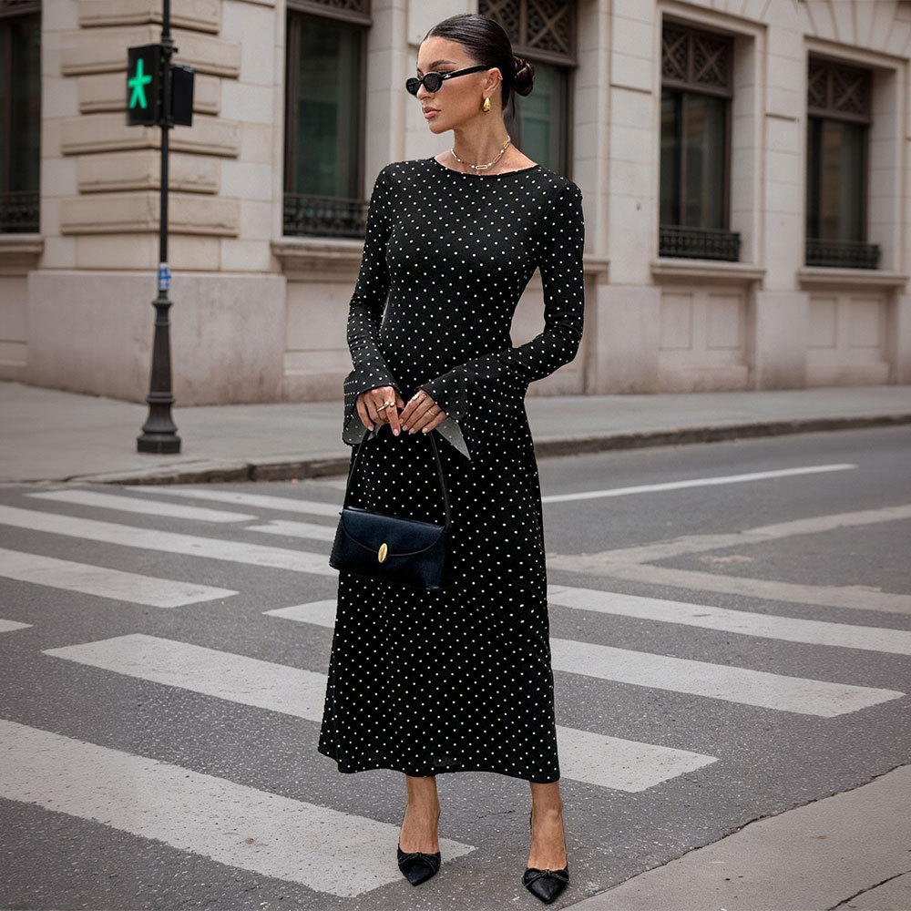 Black Polka Dot Maxi Dress Long Sleeve Open Back Slim Fit Adjustable Tie Elegant Autumn Winter Evening Wear