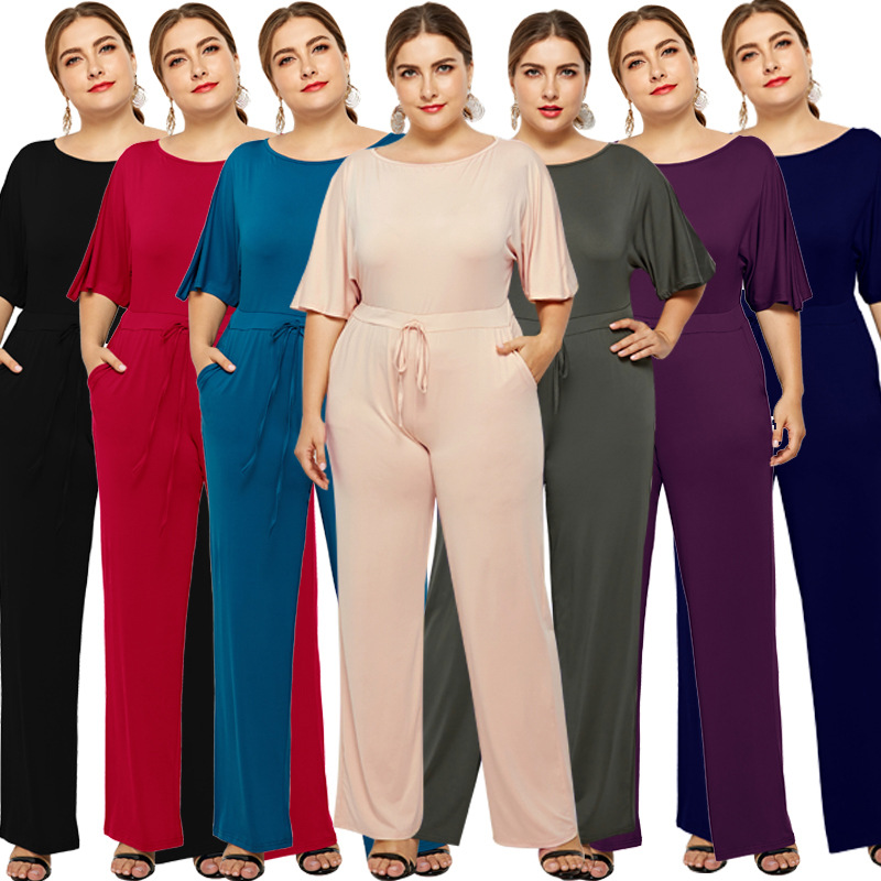Plus Size Womens Casual Loose Solid Color Wide Leg Jumpsuit Comfortable Fit Versatile Style Ideal for Everyday Wear