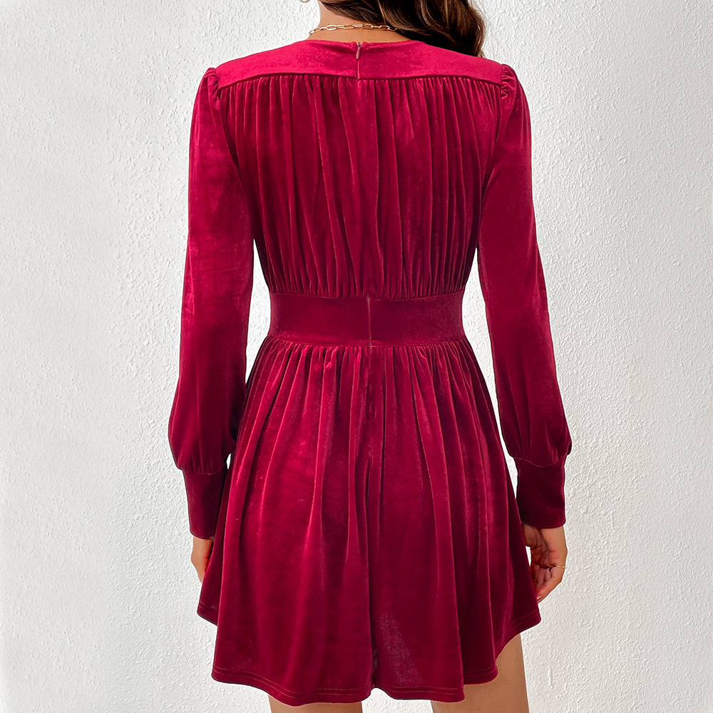 Autumn and Winter New Slim Waist Large Skirt Sexy V neck Long Sleeve Velvet Party Dress