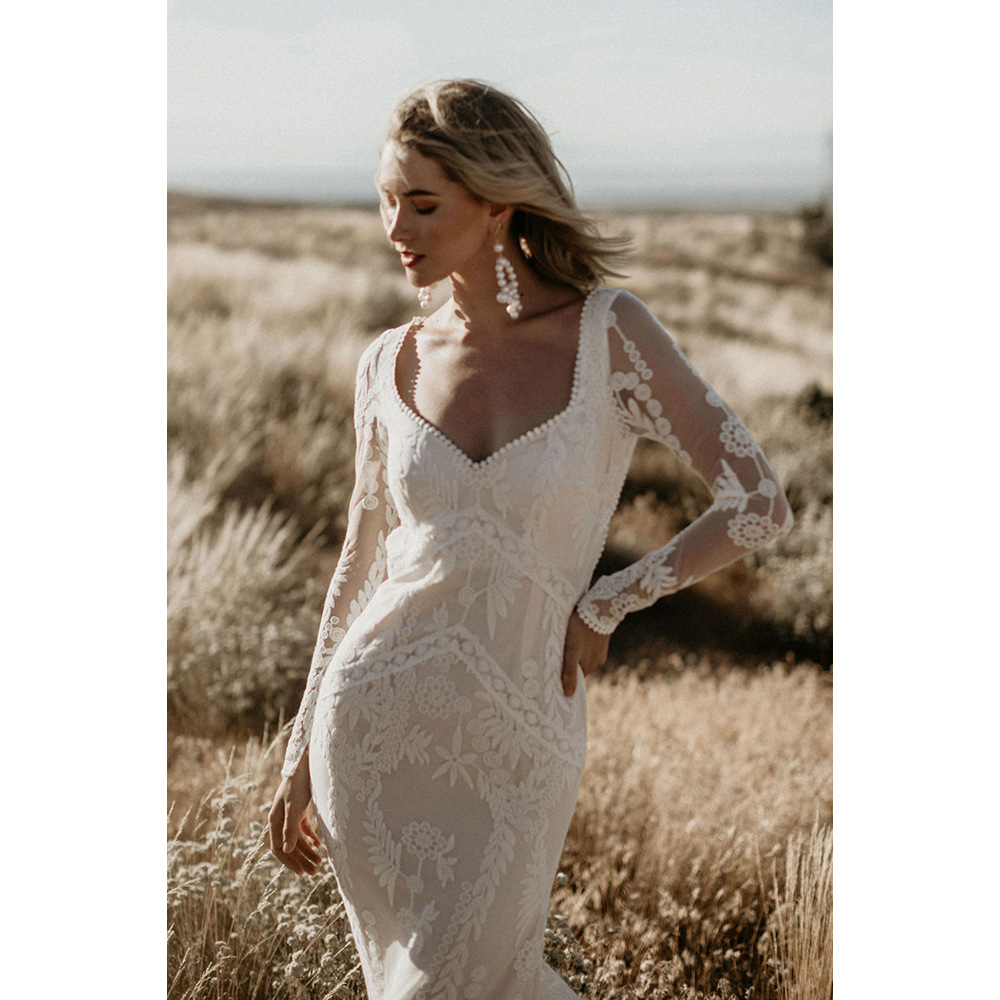 Lace Wedding Dress Long Sleeve Backless Floor Length Elegant Design Perfect for Autumn and Winter Events