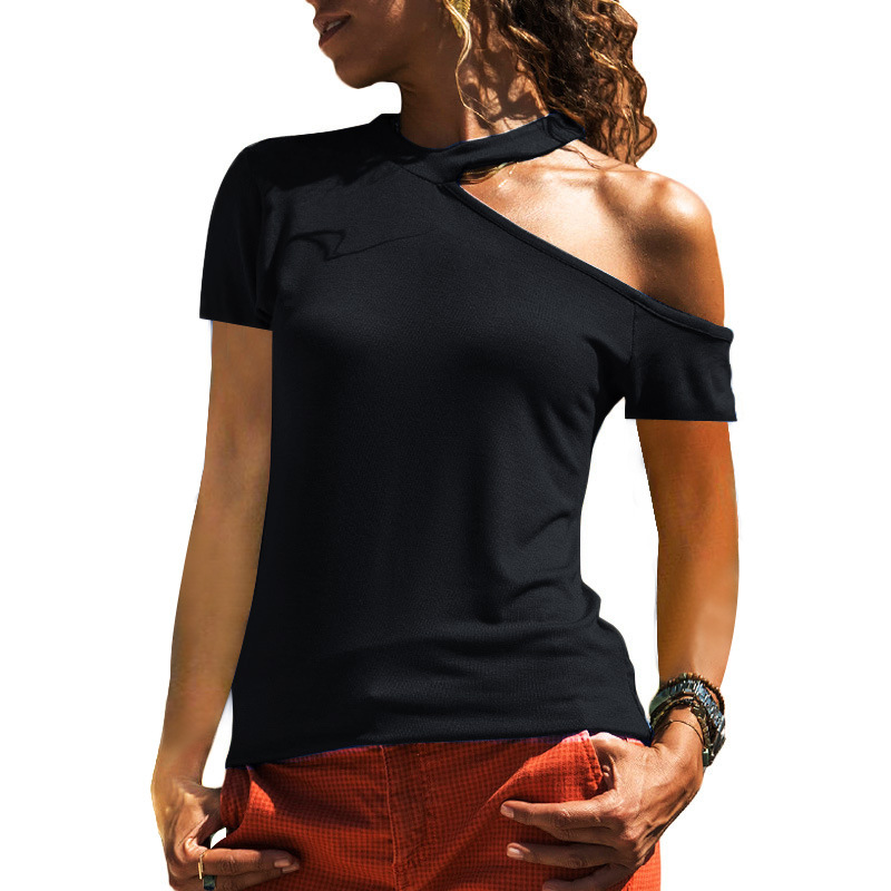 Womens Summer Casual Short Sleeve T Shirt Asymmetrical Shoulder Design Lightweight Fabric Trendy Style Wholesale