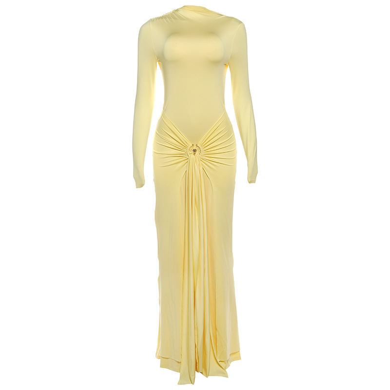 Elegant Long Sleeve Solid Color Dress with Decorative Ring and Tie for Women, Stylish Autumn Collection, Perfect for Various O