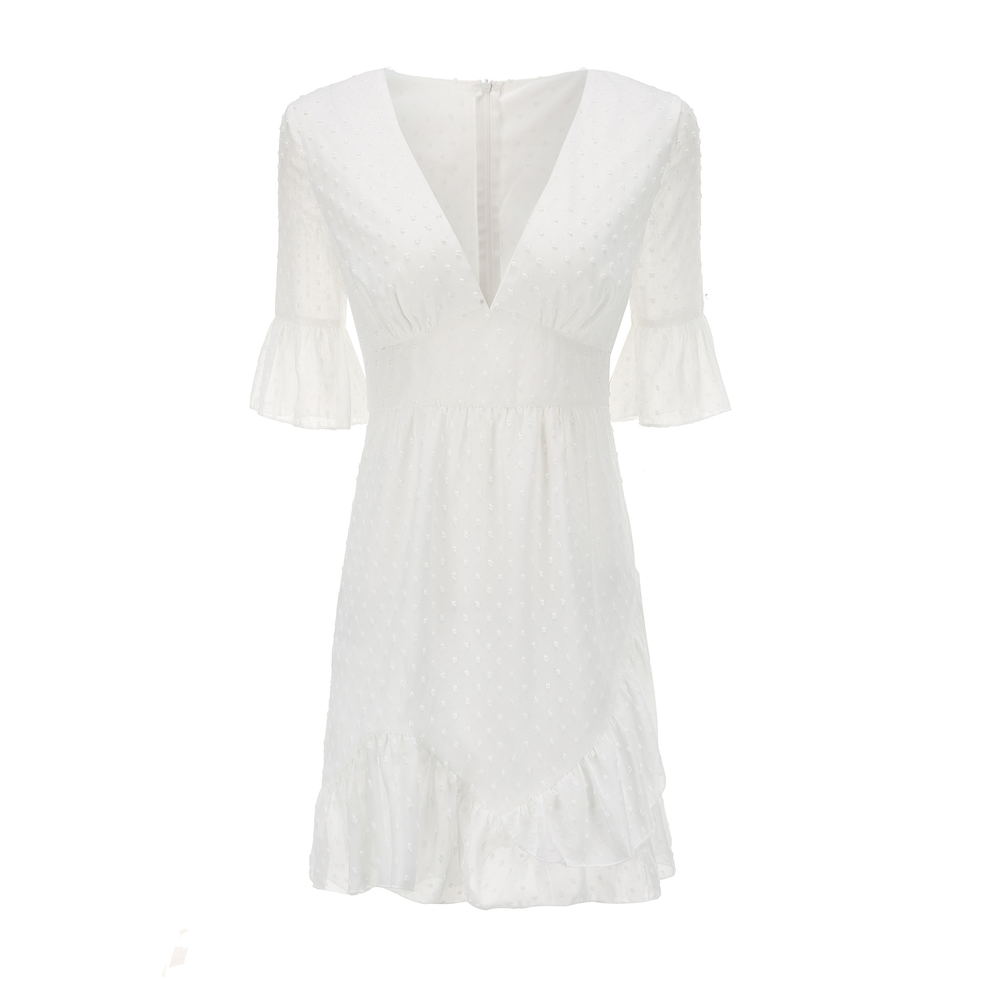 Deep V Neck Ruffle Hem Chiffon Dress Bell Sleeve Floral Cutout Elegant Design Perfect for Summer Events OEM
