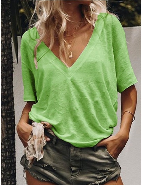 Womens Casual T Shirt V Neck Short Sleeve Solid Color Versatile Everyday Wear Wholesale Available