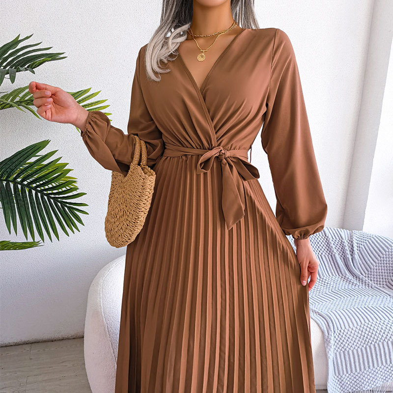Summer Casual High Waist Pleated Dress Solid Color V Neck Cross Back Design Perfect for Outdoor Events Wholesale