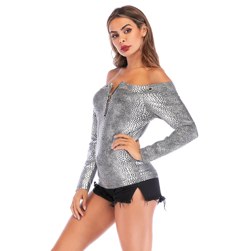 Womens Off Shoulder Zip T Shirt Slim Fit Snake Print Casual Style Perfect for Summer Outings Wholesale Available
