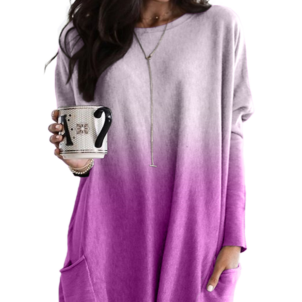 Womens Gradient Color Long Sleeve T Shirt Casual Loose Fit Round Neck Mid Length Winter Wear Wholesale Available