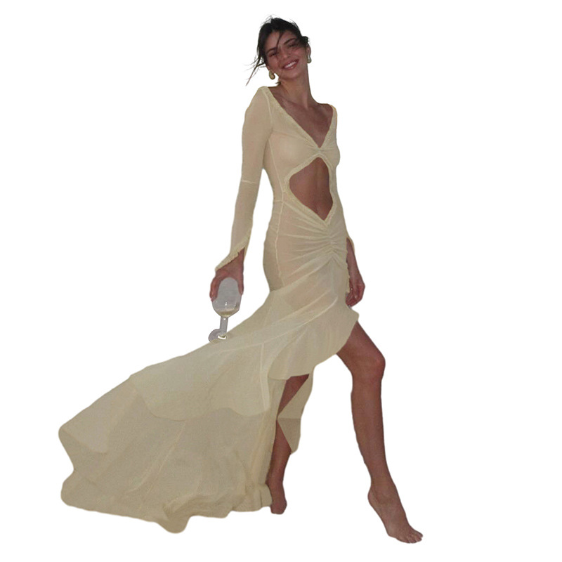 European and American Cross border Summer Women's New V neck Sheer Sexy Hollow Pleated Lace Slim Dress