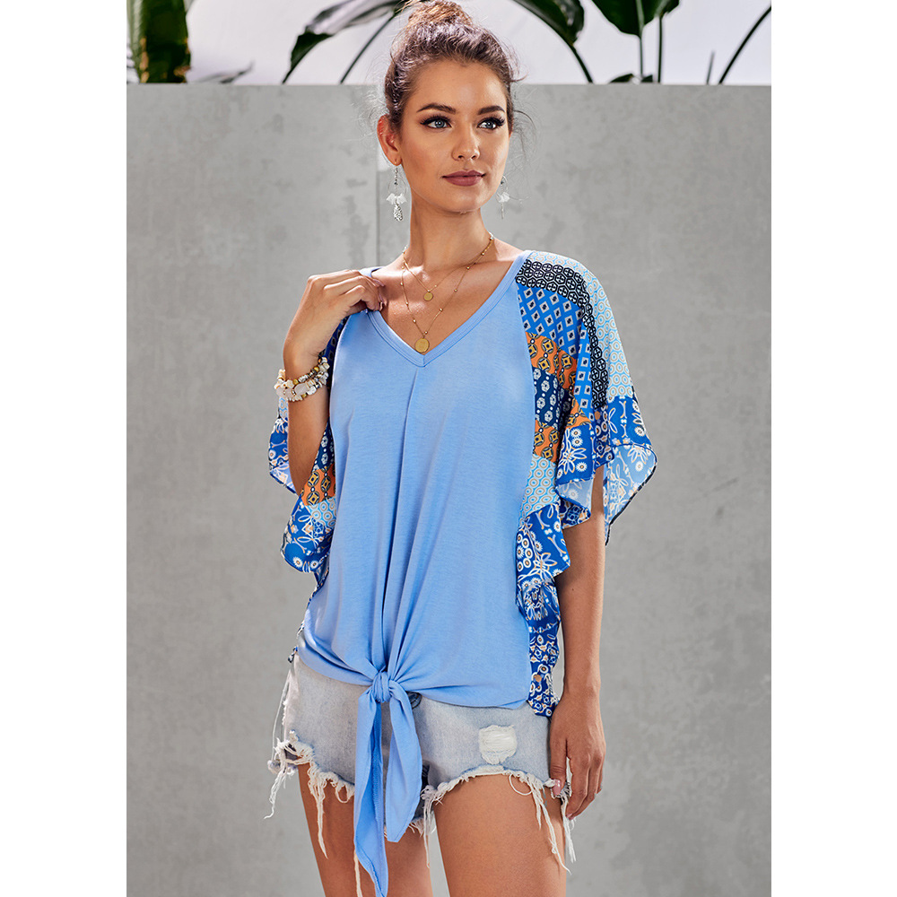 Summer Womens Loose T Shirt Short Sleeve Chiffon Patchwork Bell Sleeve Casual Wear for Everyday Wholesale Available