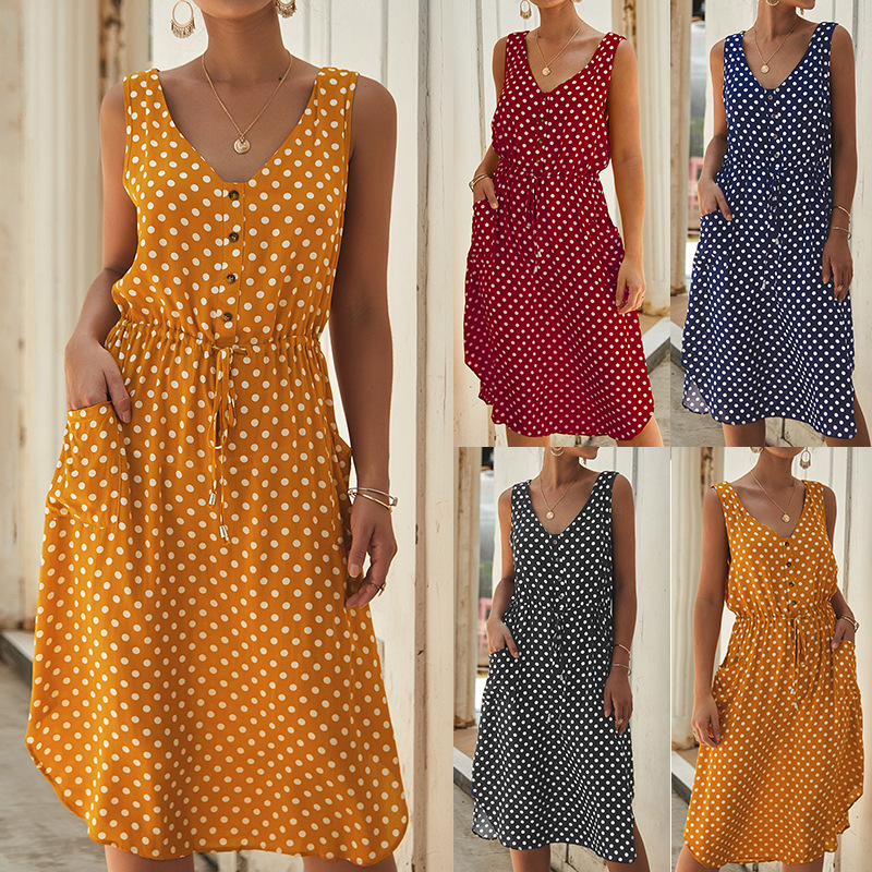Fashion Womens Dress Polka Dot V Neck Sleeveless Casual Summer Wear Wholesale Available customizable