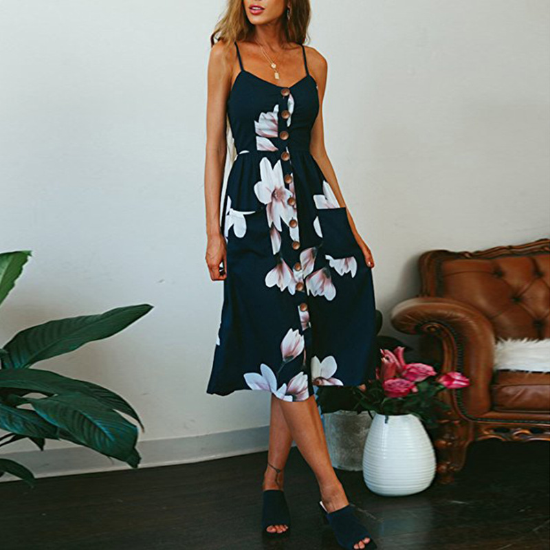 Sunflower Pineapple Print Button Back Sexy Slip Dress 36 Colors 6 Sizes Lightweight Fabric Summer Casual Wear