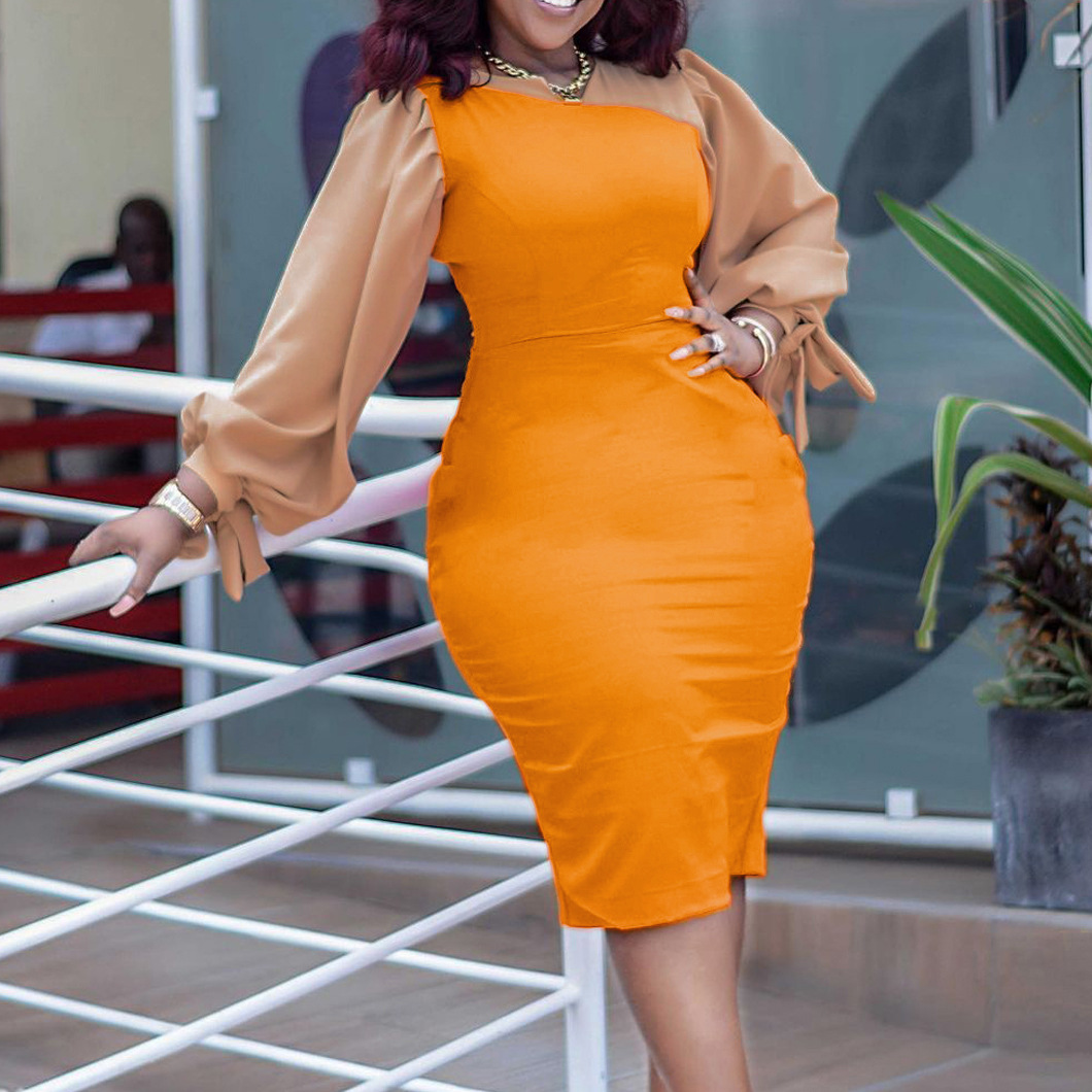 Plus Size Women's Dress — Long Sleeve, Color Block, Elegant, Commuter Style — Autumn Winter Collection — In Stock, Wholesale A