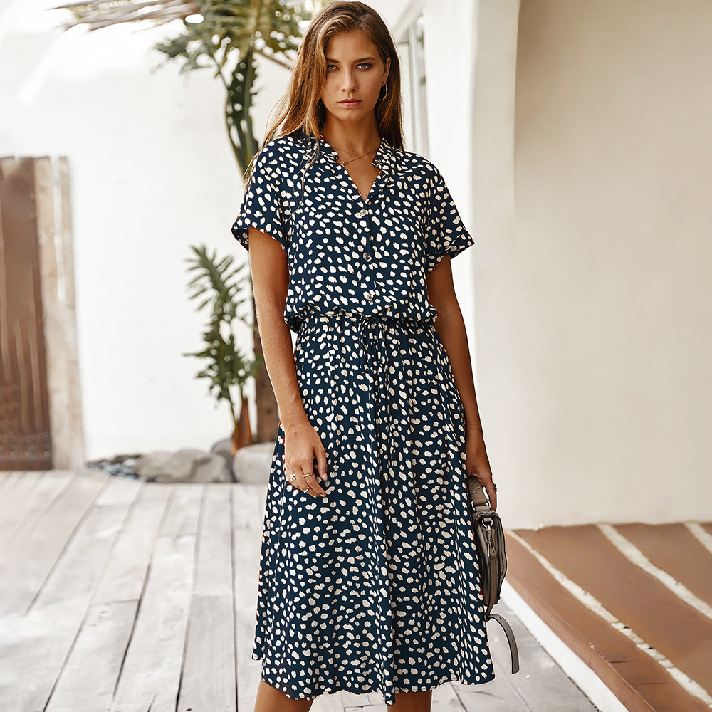 Summer Polka Dot Shirt Dress Short Sleeve Stylish Design Comfortable Fabric Casual Wear for Women Wholesale