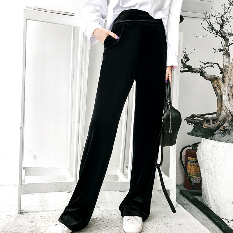 Velvet Wide Leg Trousers for Women High Waist Loose Fit Floor Length Solid Color Casual Wear Spring Collection