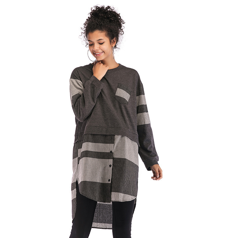 Womens Color Block Loose Dress Asymmetrical Plaid Design Round Neck Long Sleeve Autumn Winter Fashion Wholesale