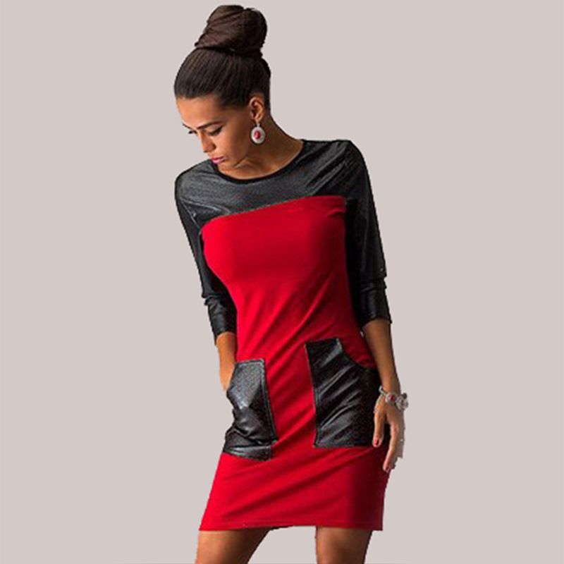 PU Leather Panel Bodycon Dress Slim Fit Professional Style Elegant Design Perfect for Office Wear Wholesale