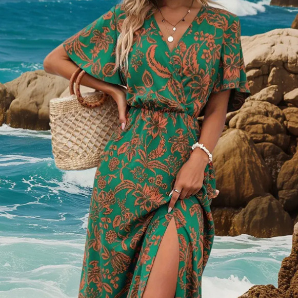 Floral Summer V Neck Dress Lightweight Casual Elegant Perfect for Beach or Party Wholesale Available