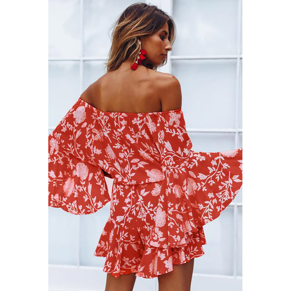 Belted Off Shoulder Jumpsuit Flared Long Sleeves Floral Print Casual Chic Perfect for Vacations Wholesale Available