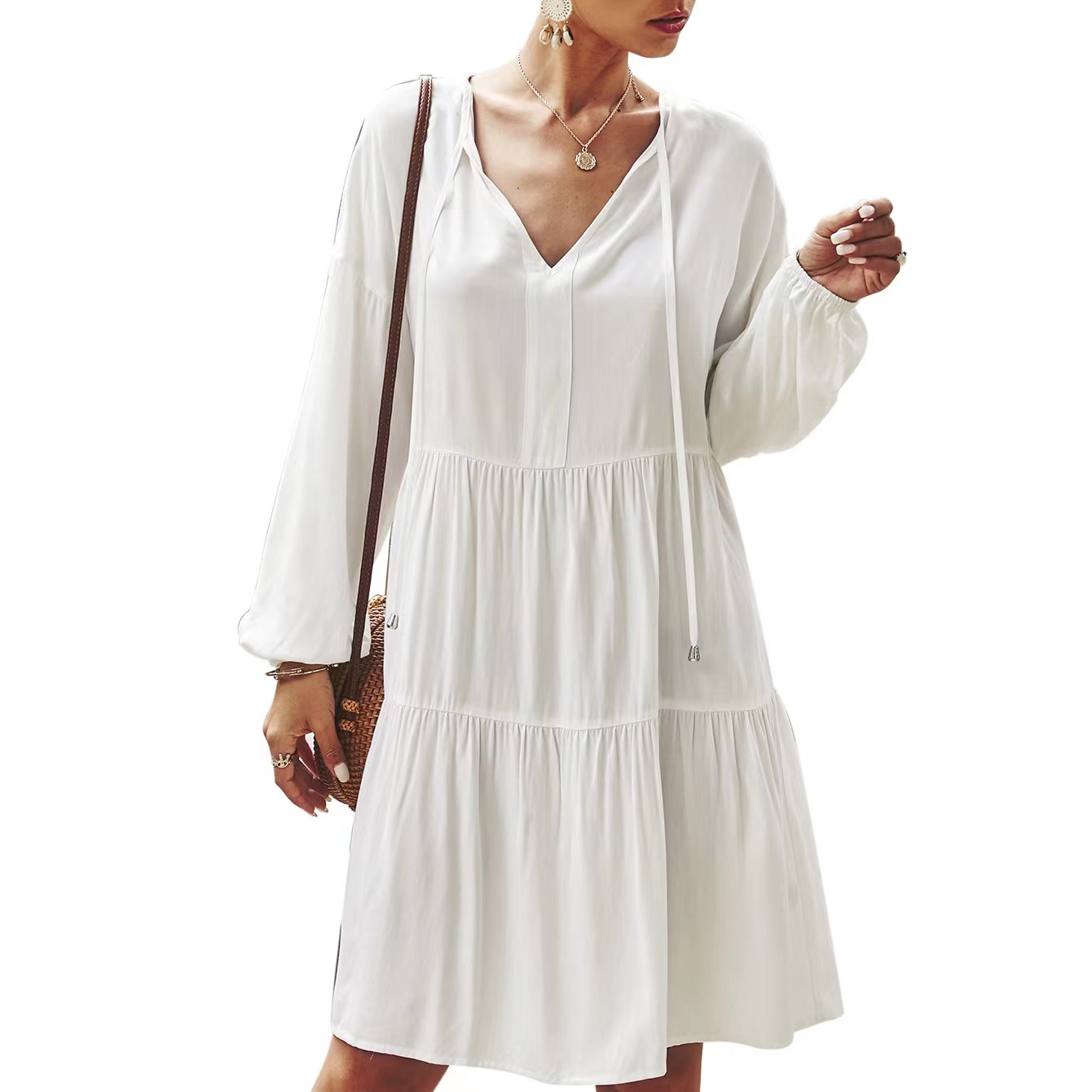 In Stock Cross Border New Long Sleeve High Waist Loose V Neck Solid Color Splicing Mid Length Tie Dress