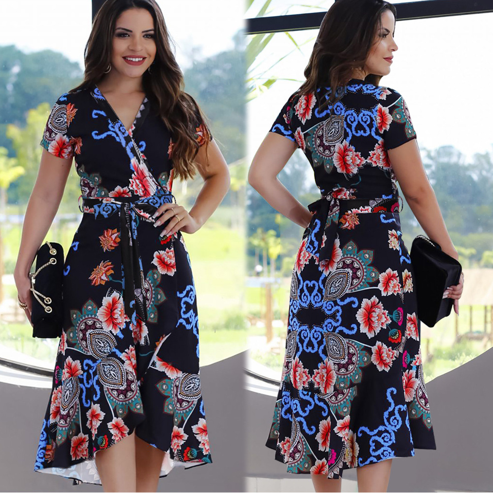 Womens Casual Loose Fit V Neck Short Sleeve Floral Ruffle Tie Dress Stylish Summer Fashion Available for Wholesale