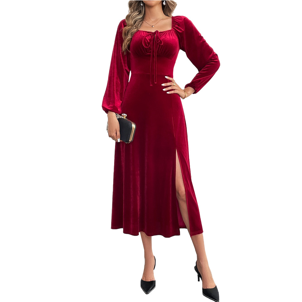 Velvet Long Sleeve Dress Sexy Split Design Waist Cinching Square Neck Puff Sleeves Evening Party Wear OEM