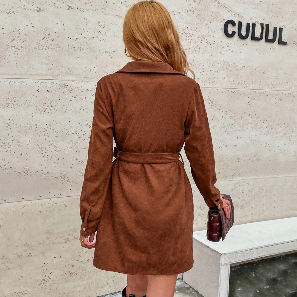 Corduroy Long Sleeve Shirt Dress Button Closure Belted Loose Fit Autumn Winter Casual Wear Wholesale Available