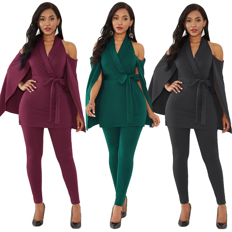 V Neck Jumpsuit Slim Fit Off Shoulder Cape Style Fashionable Elegant for Parties Wholesale Available
