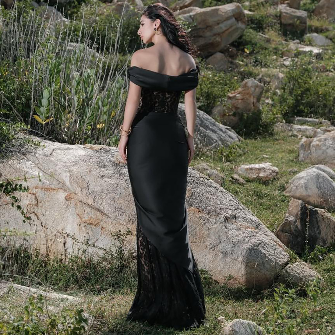 European and American Cross border Autumn New Women's Spliced Lace Sexy Off shoulder Long Slim Dress