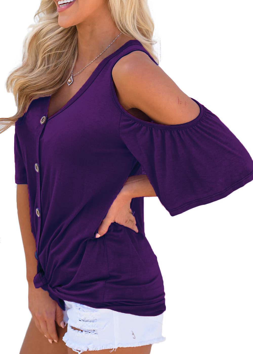 Womens Off Shoulder V Neck Button Knot Ruffle Short Sleeve T Shirt Casual Chic Style Available for Wholesale