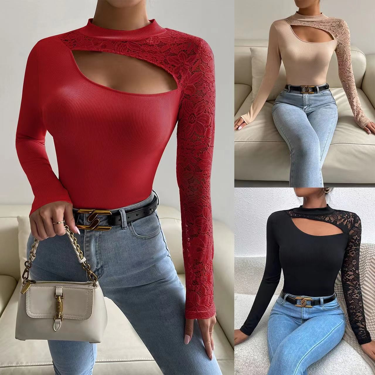 Lace Asymmetrical Long Sleeve T Shirt Off Shoulder Design Sexy Style Spring Autumn Wear Wholesale Available
