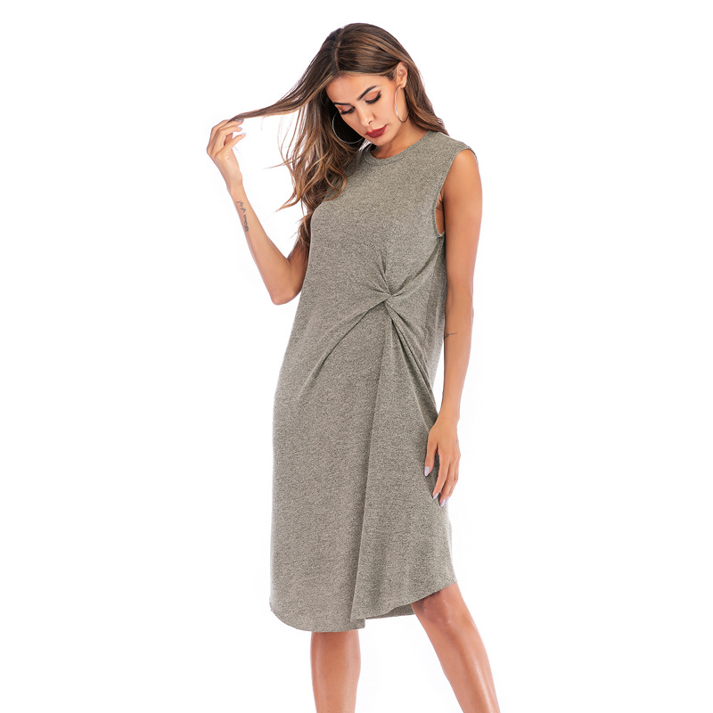Womens Summer Dress Solid Color Simple Design Knot Detail Midi Length Asymmetrical Hem Perfect for Casual