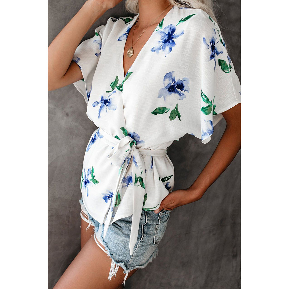 Womens V Neck Printed Short Sleeve T Shirt Loose Fit Wrap Style Summer Fashion Wholesale Available