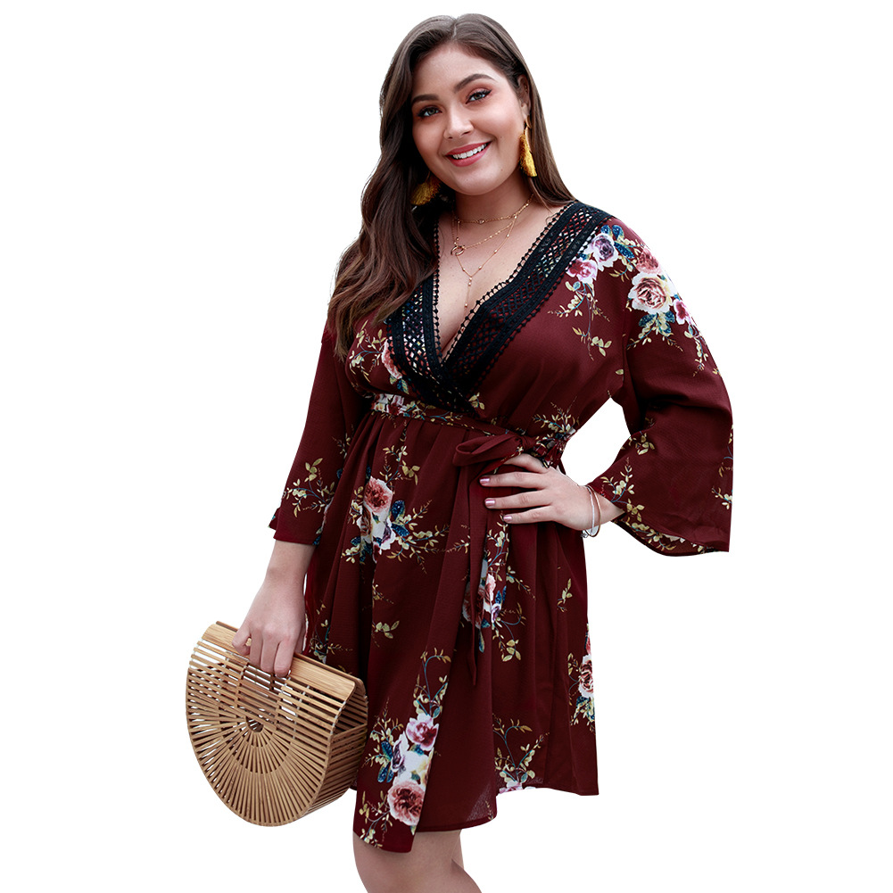 Plus Size Floral Print V Neck Dress Original Designer Spring Summer Collection Perfect for Casual Outings Wholesale