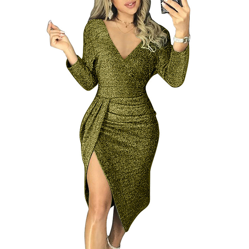 Sequin Dress for Women V Neck Long Sleeve High Slit Autumn Winter Birthday Party Wear Wholesale Available