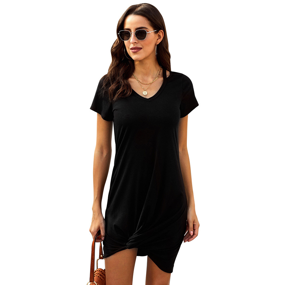 Summer Casual Solid Color Loose T Shirt Dress Short Sleeve V Neck Asymmetrical Hem Versatile for Daily Wear