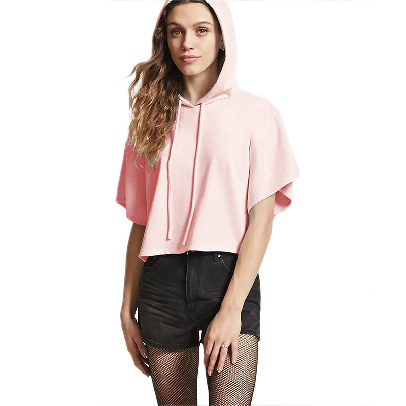 Womens Short Sleeve Hooded Crop Sweatshirt Sexy Design Spring Fashion Comfortable Fabric Wholesale Available