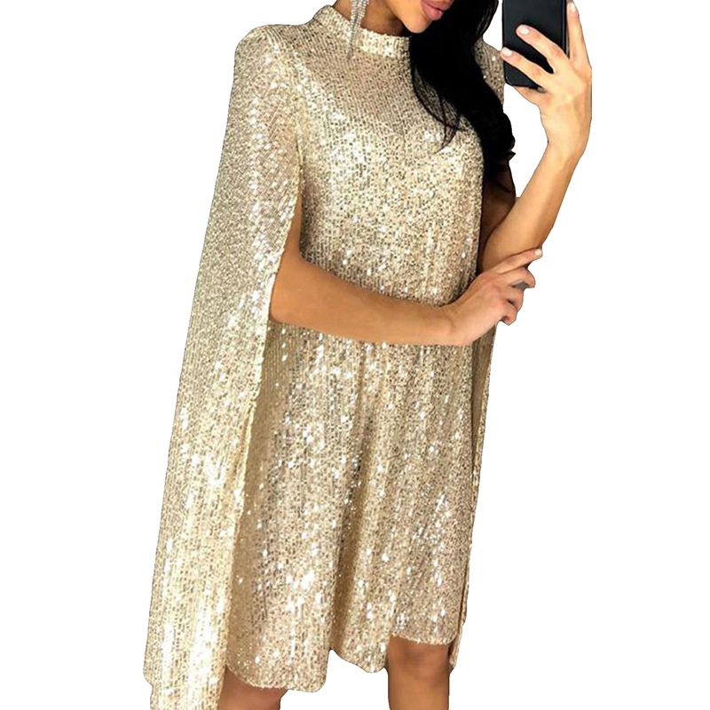 Sequin Evening Dress High Neck Cape Sleeves Elegant Design Perfect for Birthday Parties Wholesale Available