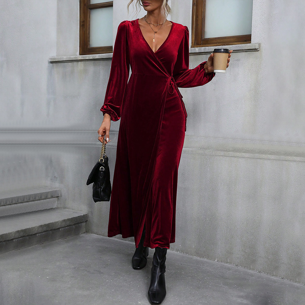 Velvet Midi Dress Elegant Wine Red Color Long Sleeve Party Wear Autumn Winter Collection Wholesale Available