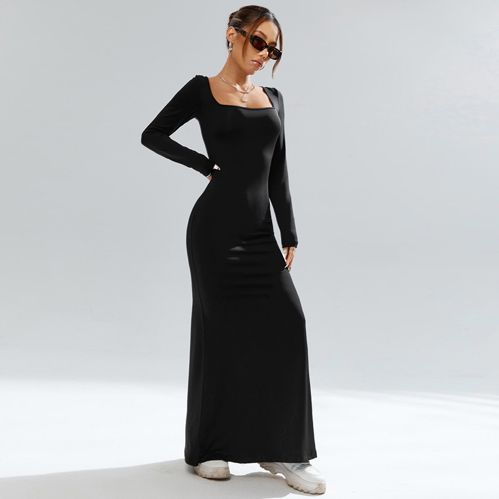 Black Knitted Long Sleeve Bodycon Long Dress with Square Neck for Party and Evening