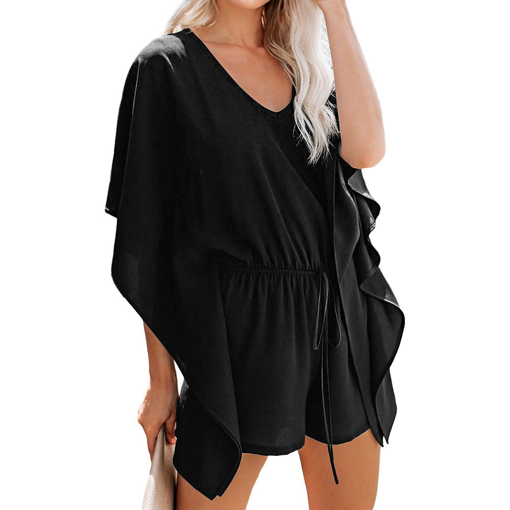 Solid Color Womens Jumpsuit V Neck Short Sleeve High Waist Loose Fit Casual Wear for Summer Wholesale Available