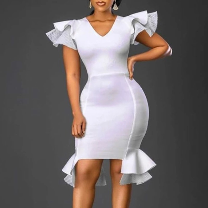 Women's Slim Fit V-Neck Ruffle High Waist Party Bodycon Dress